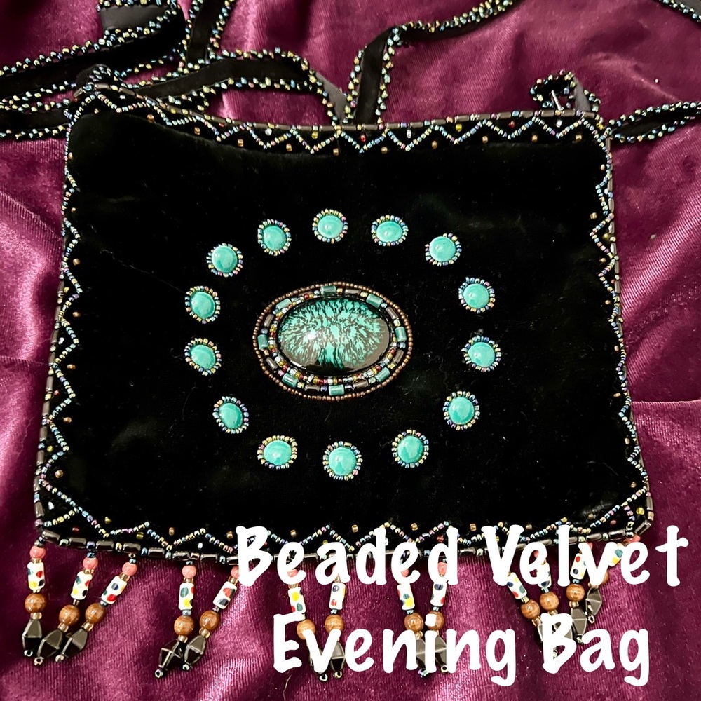 Beaded Crossbody Purse Velvet Black and Turquoise Free Shipping